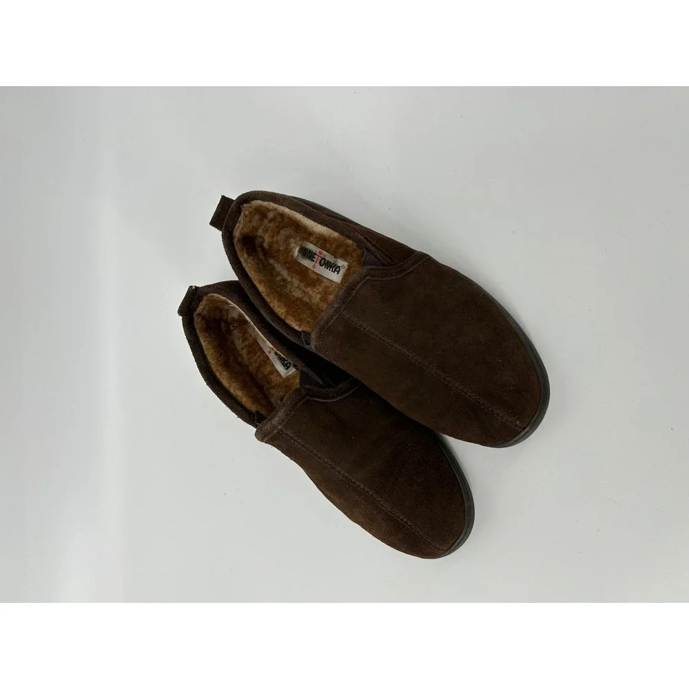 Minnetonka Suede Slippers Mens 12 Brown Excellent Faux Fur Lined Slip On 41622
